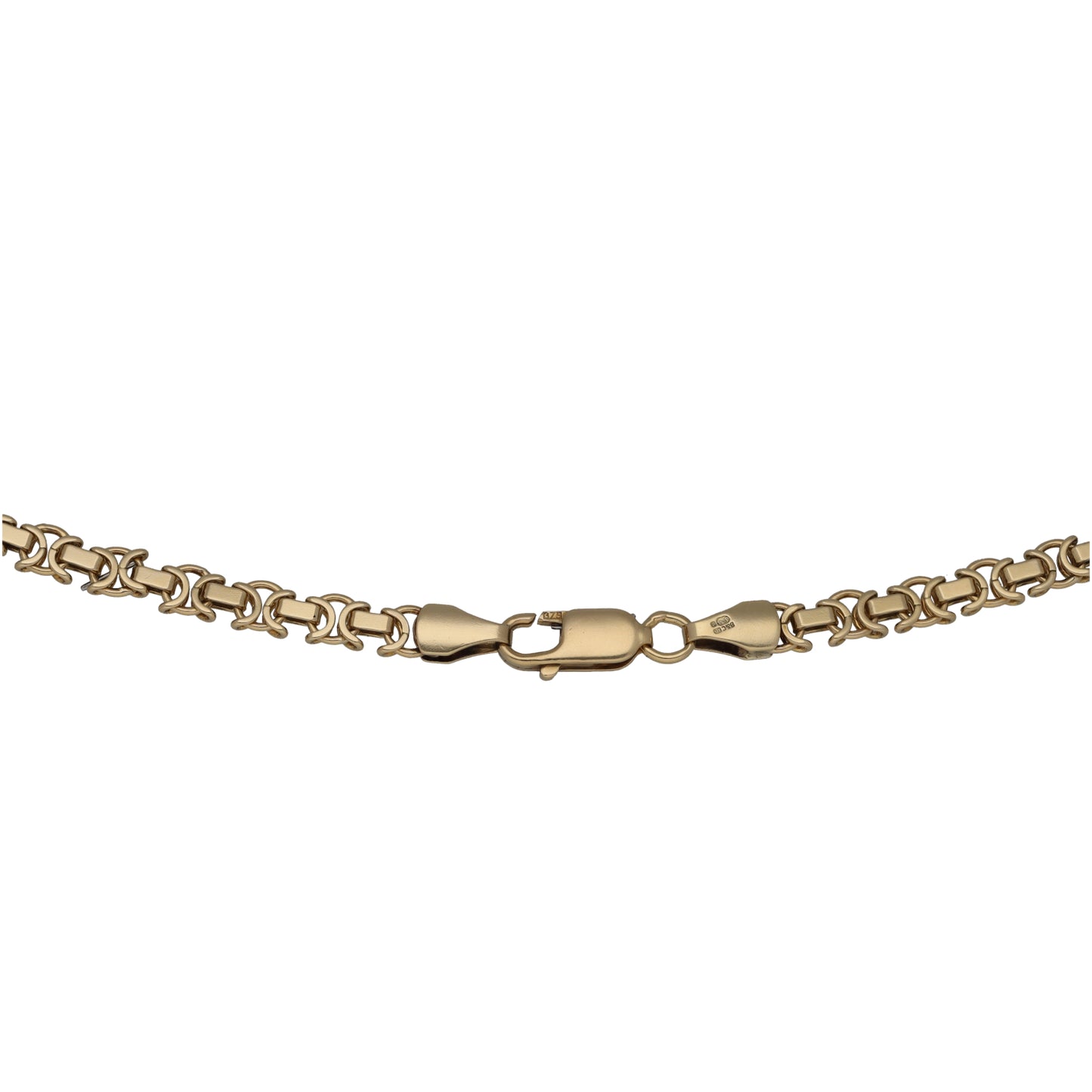 Gold chain necklace with interlinked oval links and central clasp connector