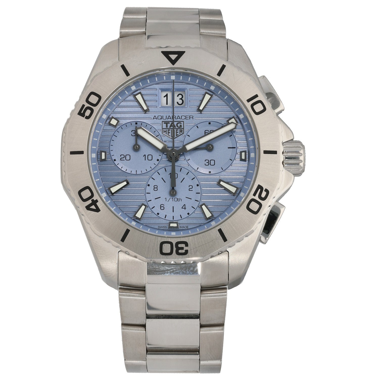Stainless steel Tag Heuer Aquaracer 40mm watch with blue dial and chronograph subdials