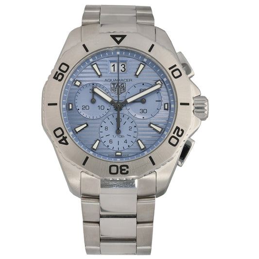 Stainless steel Tag Heuer Aquaracer 40mm watch with blue dial and chronograph subdials
