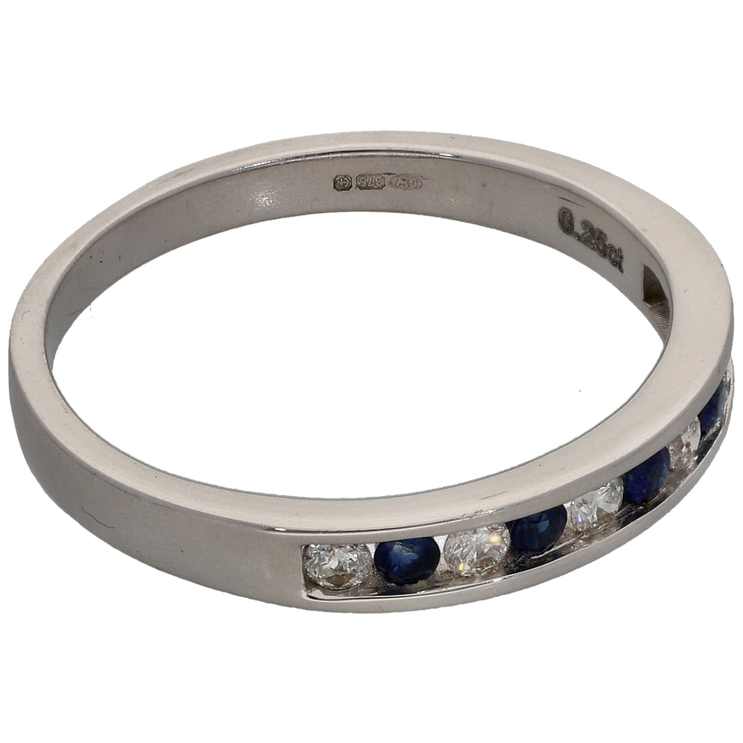 9ct White Gold Man Made Sapphire & 0.25ct Diamond Half Eternity Ring Size L