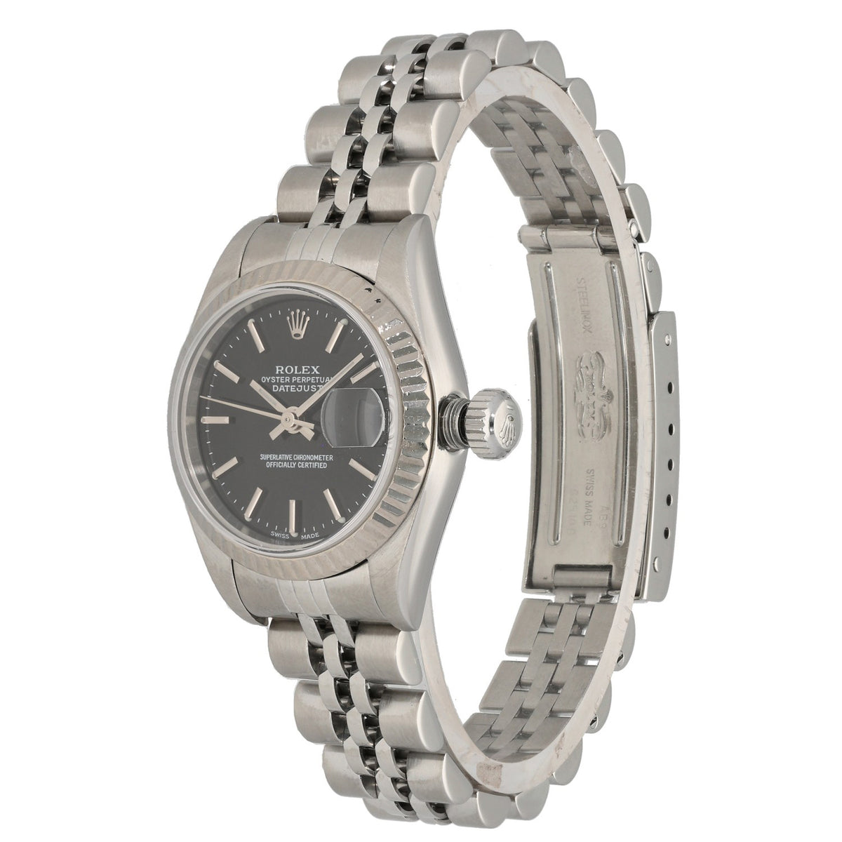 Rolex Lady Datejust 79174, black dial inside 26mm stainless steel case and 15.5cm bracelet, front angle
