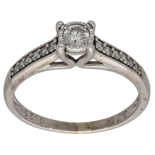 9ct White Gold 0.25ct Diamond Solitaire Ring With Accent Stones Size K