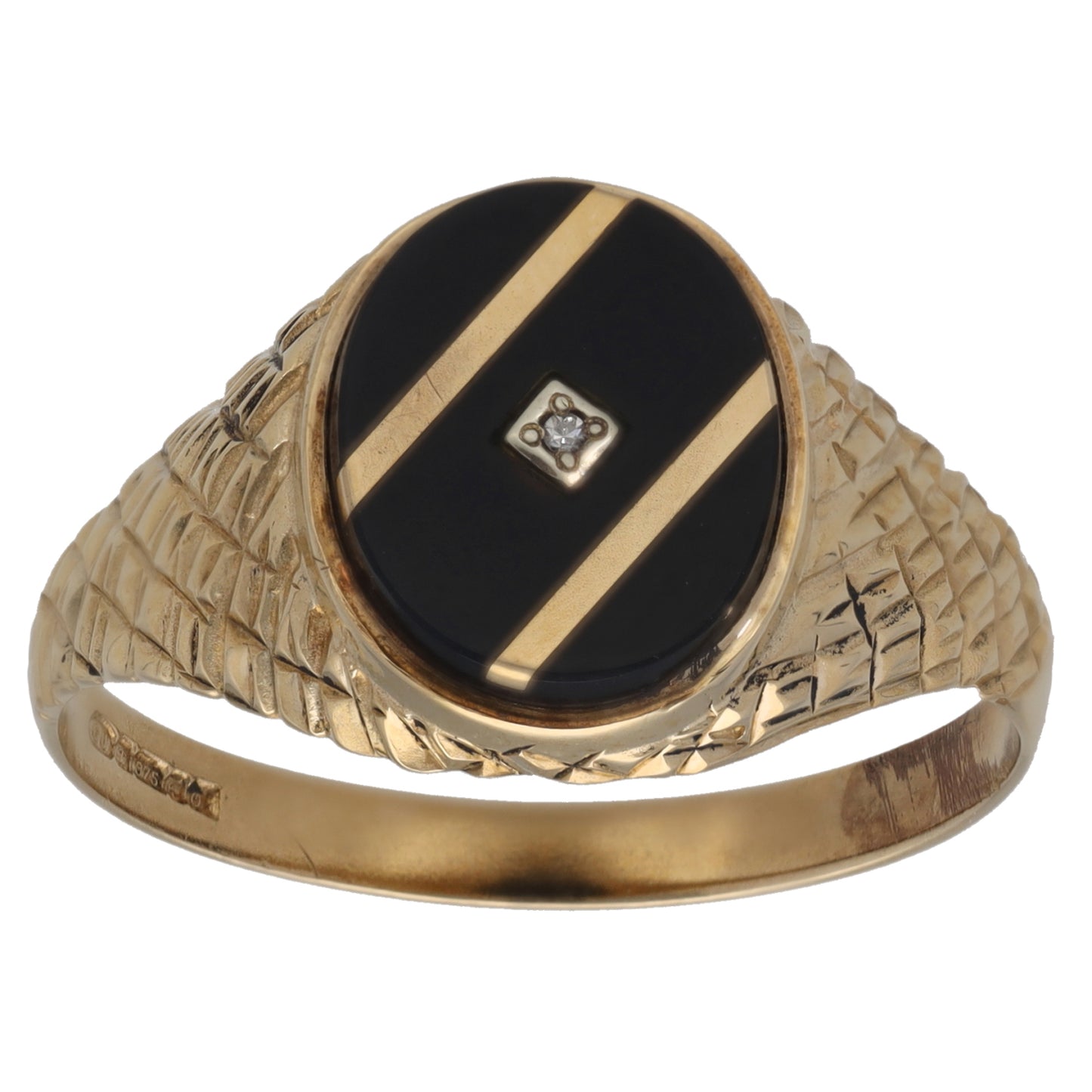 9ct Gold Onyx & 0.18ct Diamond Patterned Signet Ring Size W