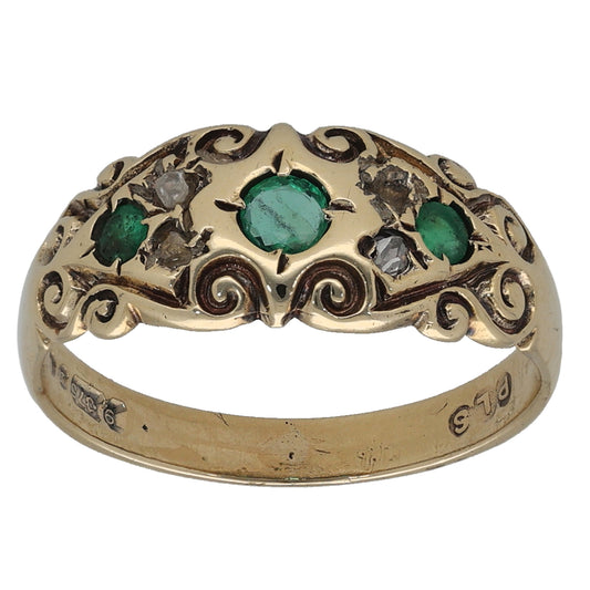 9ct Gold Emerald & 0.04ct Diamond Stone Set Ring Antique & Vintage Size L