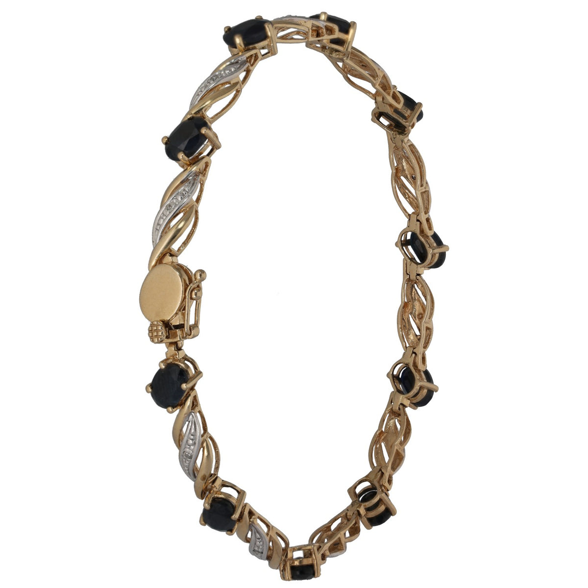Bicolour gold tennis bracelet with dark sapphire-style stones and diamond accents