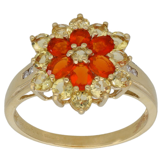 9ct Gold Citrine, Fire Opal & 0.04ct Diamond Dress/Cocktail Ring Size T 1/2