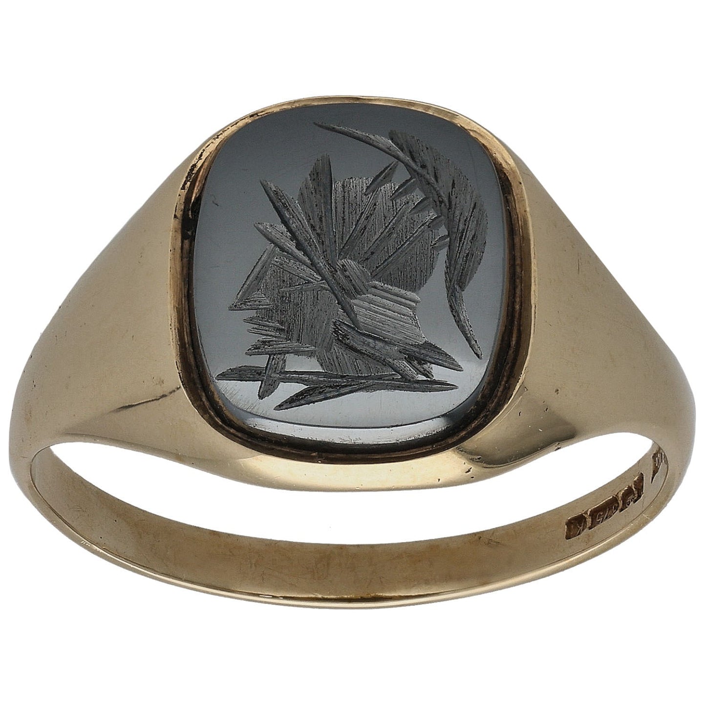 9ct Gold Hematite Crest/Emblem Single Stone Signet Ring Size T