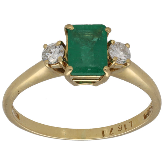 18ct Gold Emerald & 0.20ct Diamond Three Stone Ring Size O