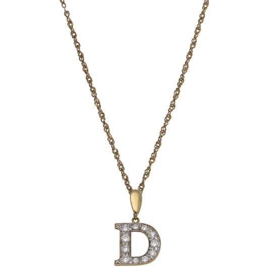 9ct Gold Cubic Zirconia Initial D Pendant With Chain