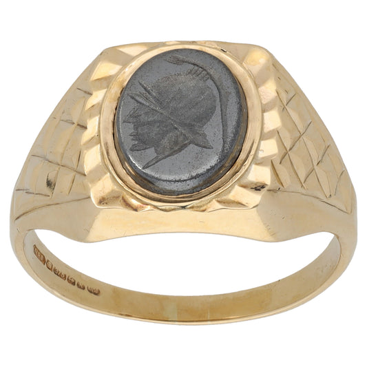 9ct Gold Hematite Crest/Emblem Signet Ring Size Q