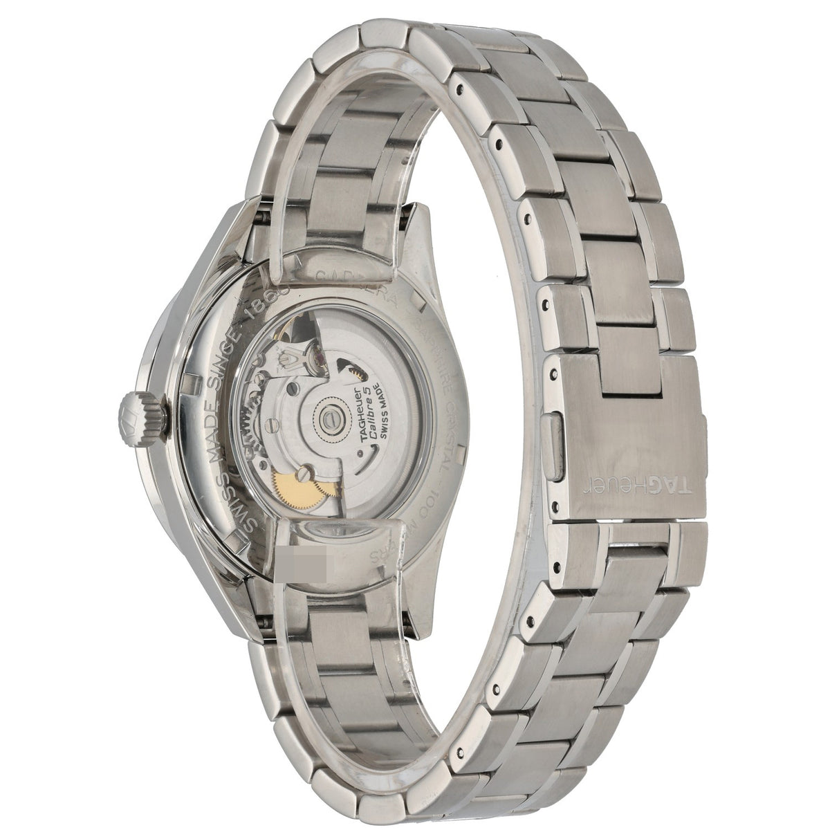 Tag Heuer Carrera WV211M, stainless steel bracelet and open caseback, rear angled image
