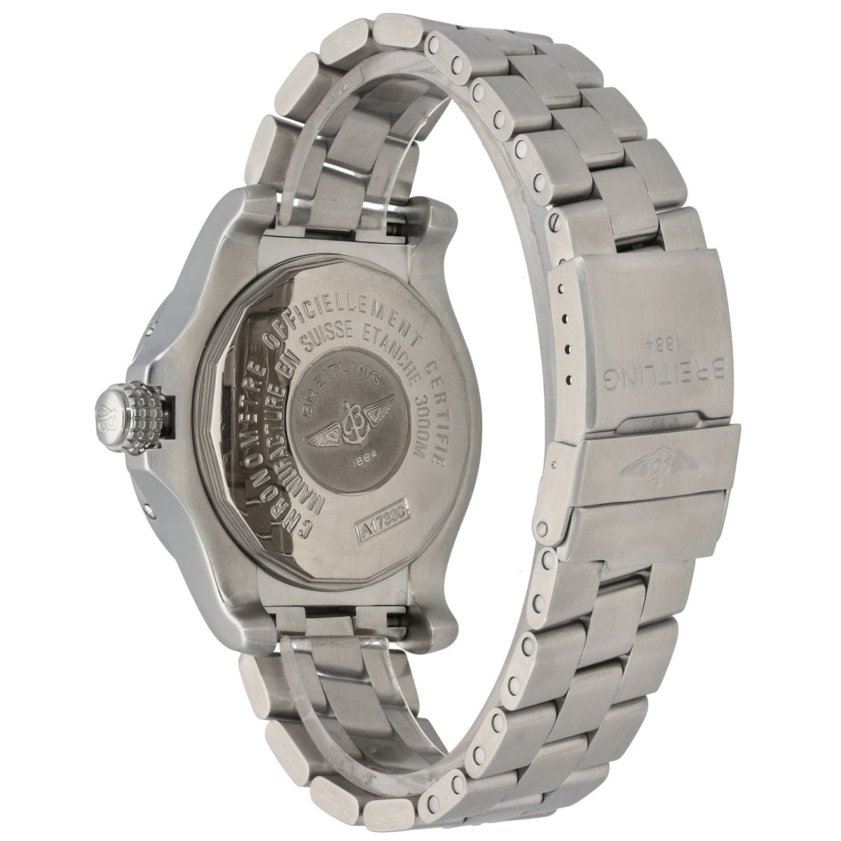 Breitling Avenger Seawolf A17330 Stainless steel wristwatch back view with engraved case and textured crown