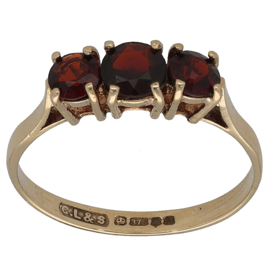 9ct Gold Garnet Trilogy Ring Size P
