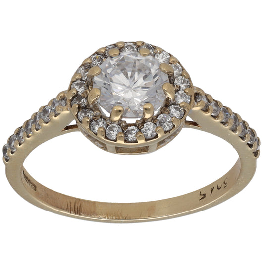 9ct gold CZ dress/cocktail ring (size N) with round center stone and halo