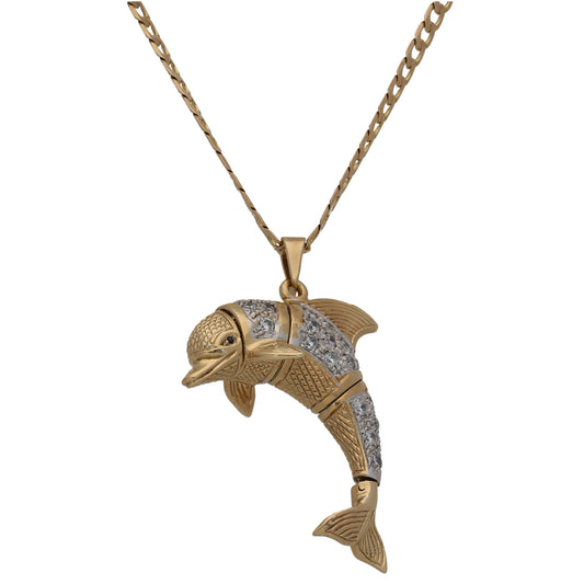 9ct Gold Imitation Gems Dolphin Pendant With Chain