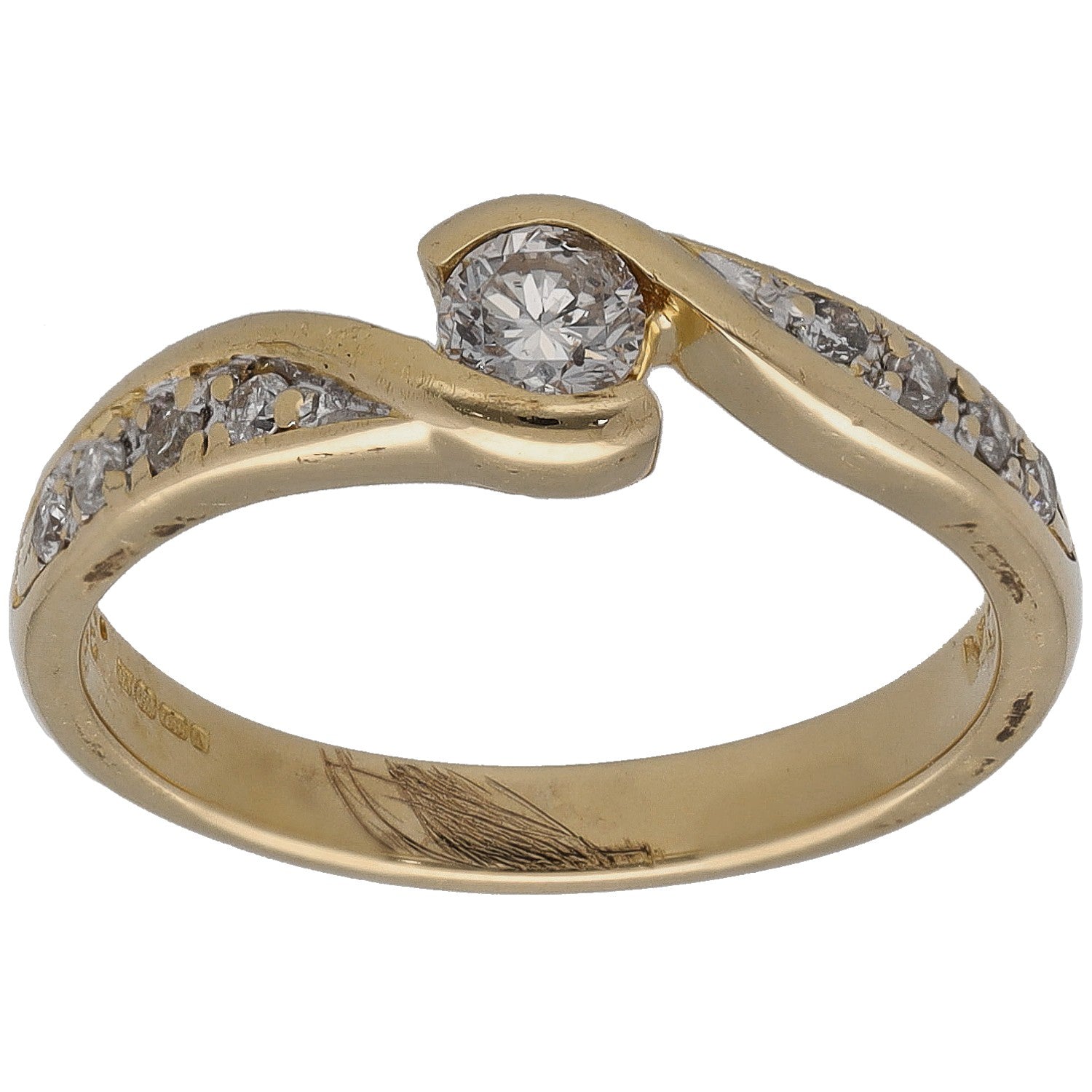 Gold solitaire ring with round center diamond and side accent stones
