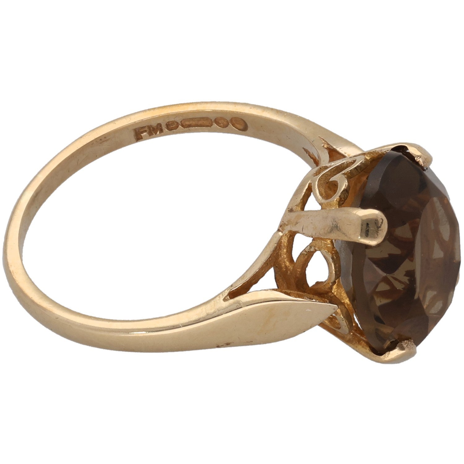 9ct gold smoky quartz ring, round faceted dark brown stone in prong setting