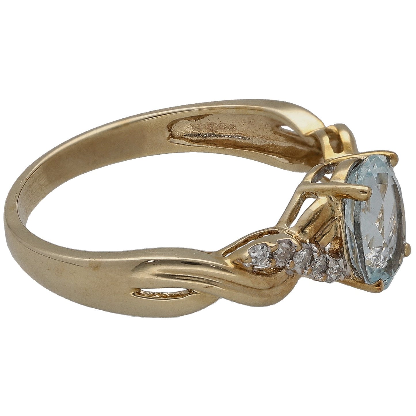9ct gold aquamarine solitaire ring with blue oval center and diamond side stones