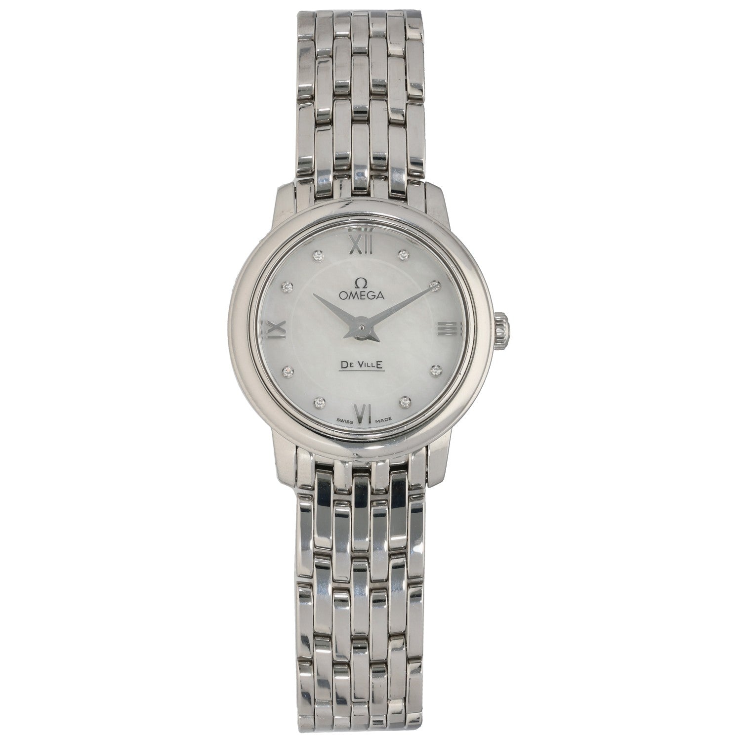 Omega De Ville 424.10.24.60.55.001 stainless steel watch with bracelet, round white dial, Roman numerals