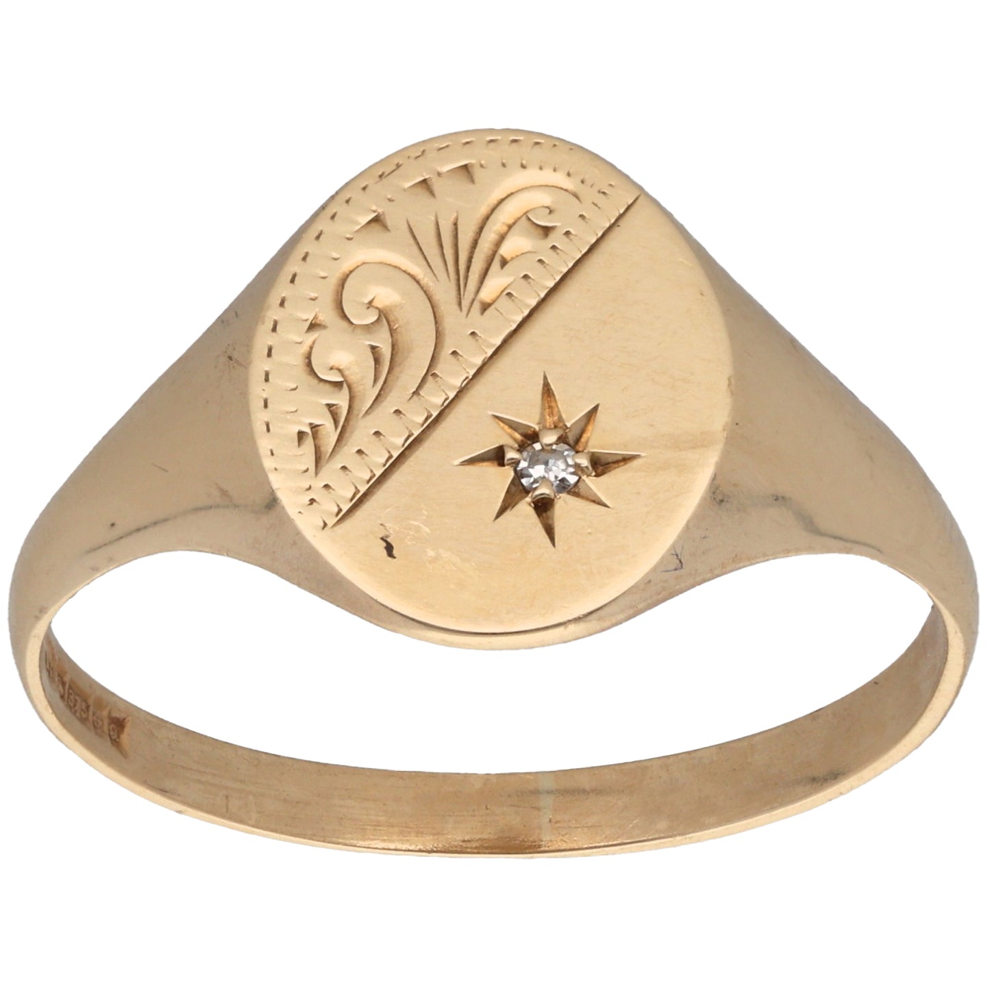 9ct Gold 0.01ct Diamond Single Stone Patterned Signet Ring Size X