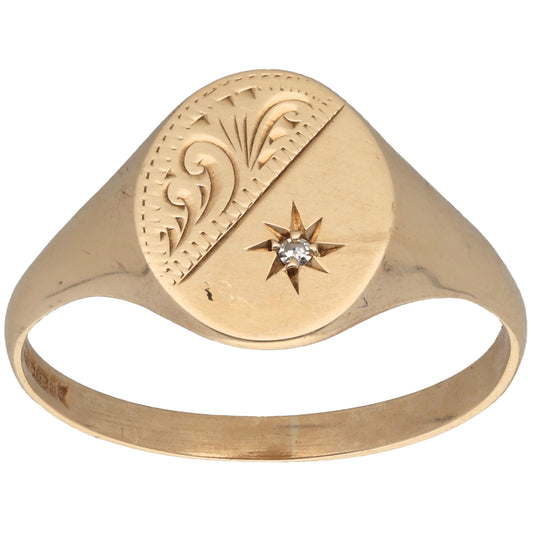 9ct Gold 0.01ct Diamond Single Stone Patterned Signet Ring Size X