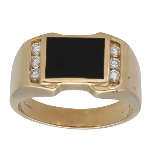 14ct Gold Onyx & 0.30ct Diamond Patterned Signet Ring Size T