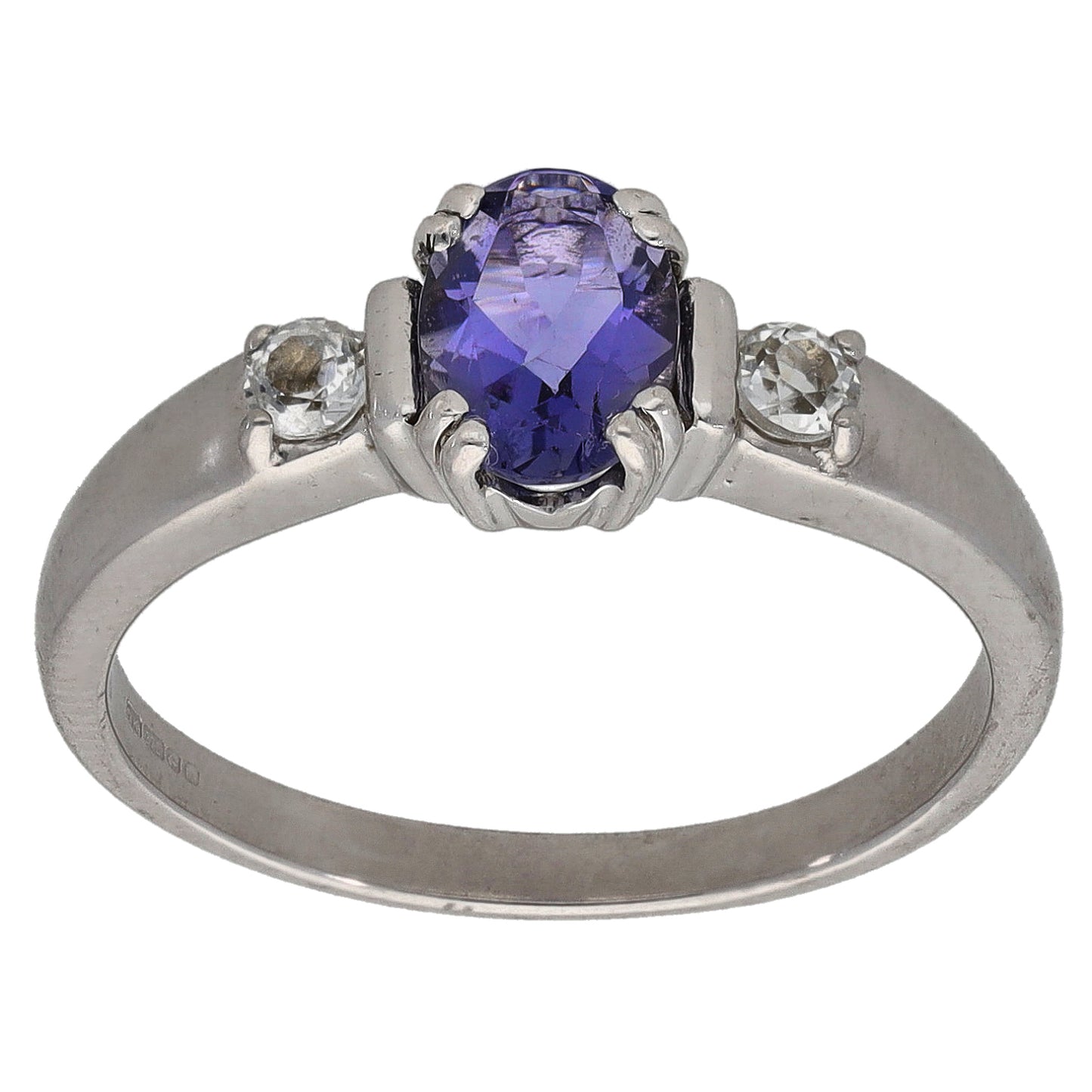 9ct White Gold Iolite & Imitation Gems Three Stone Ring Size N