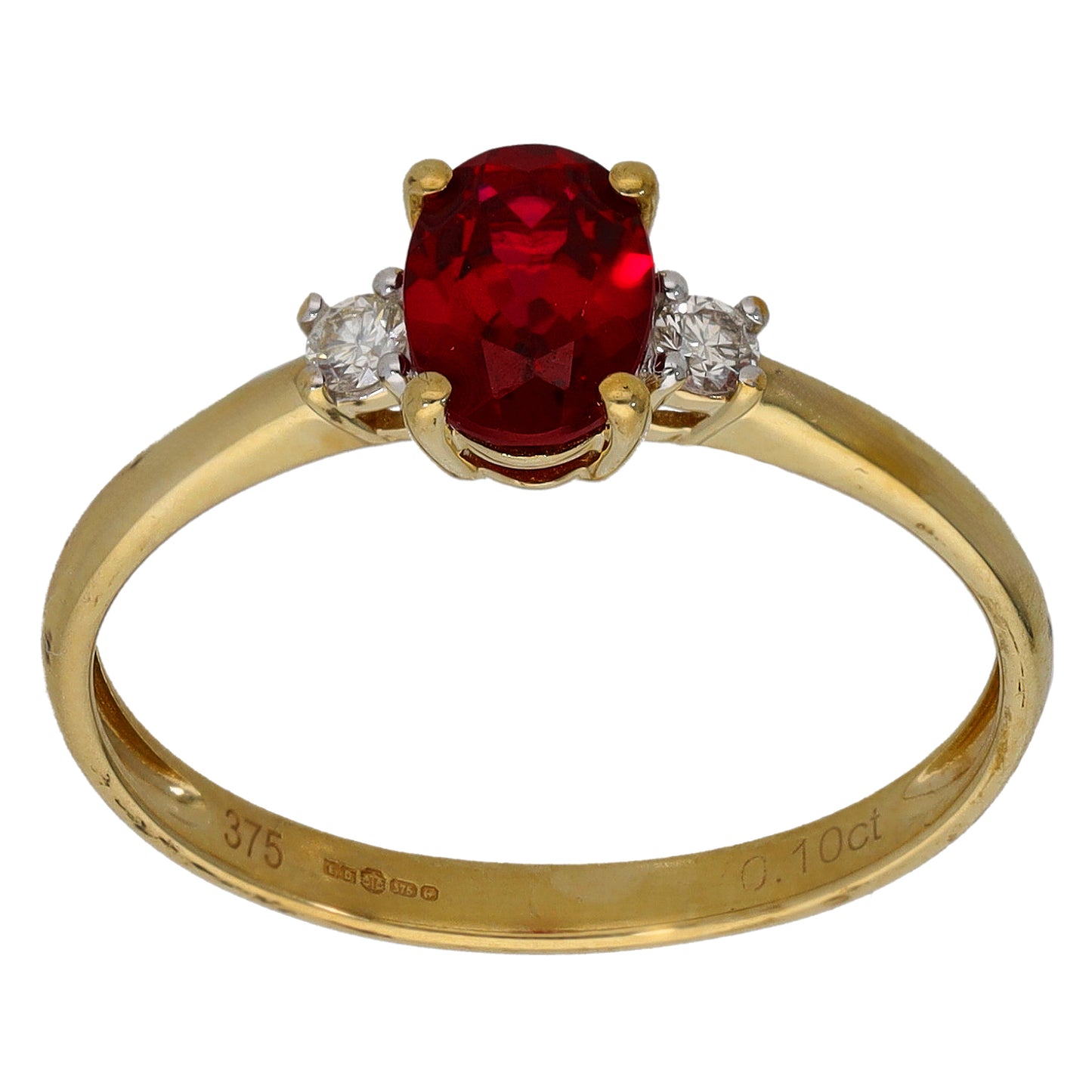 9ct Gold Man Made Ruby & 0.10ct Diamond Single Stone Ring With Accents Size R