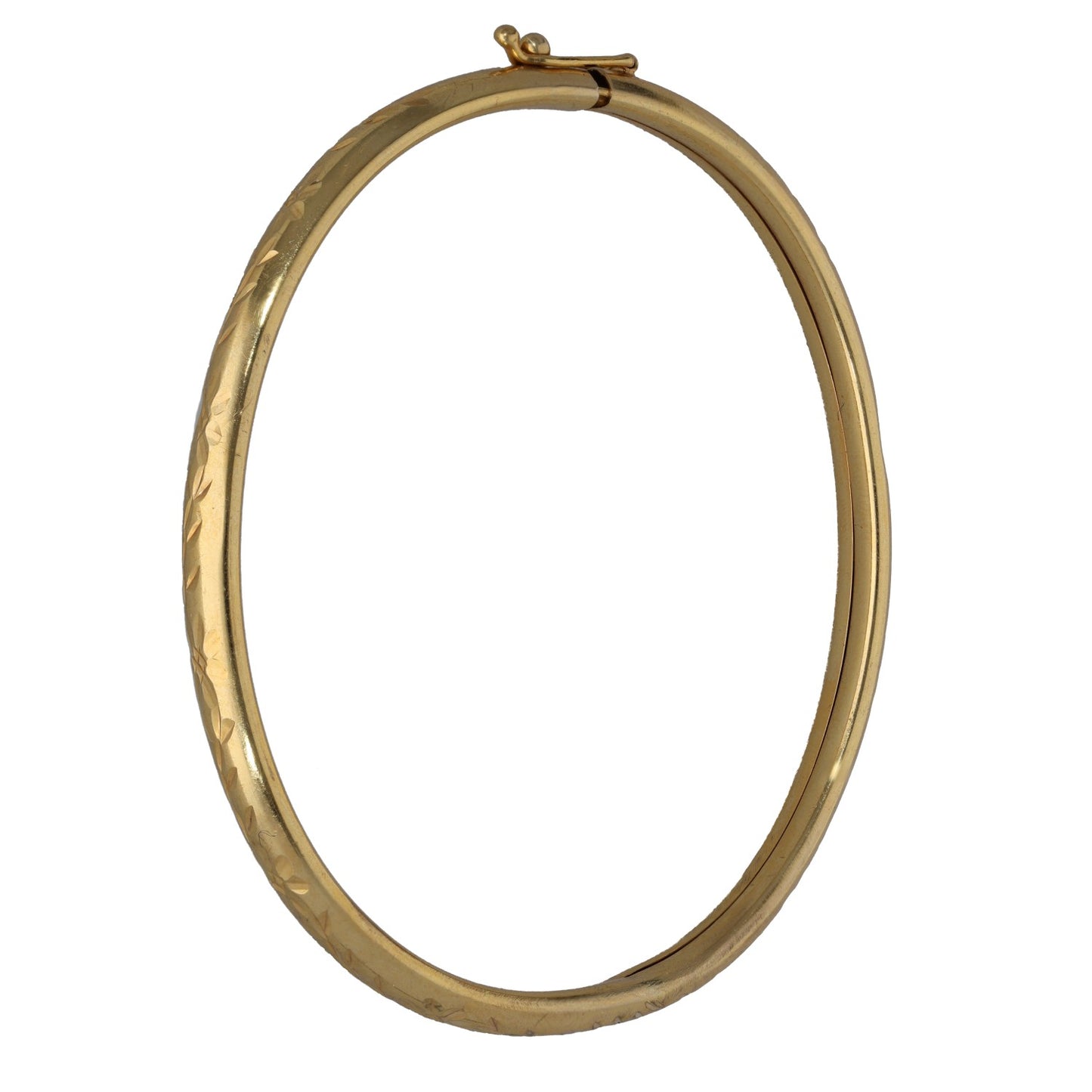 Hinged gold bangle bracelet, smooth oval hoop with small hinge at top