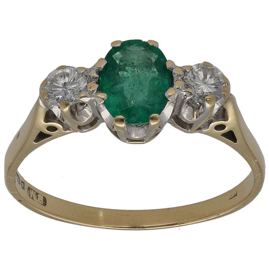 18ct Gold Emerald & 0.20ct Diamond Trilogy Ring Size O