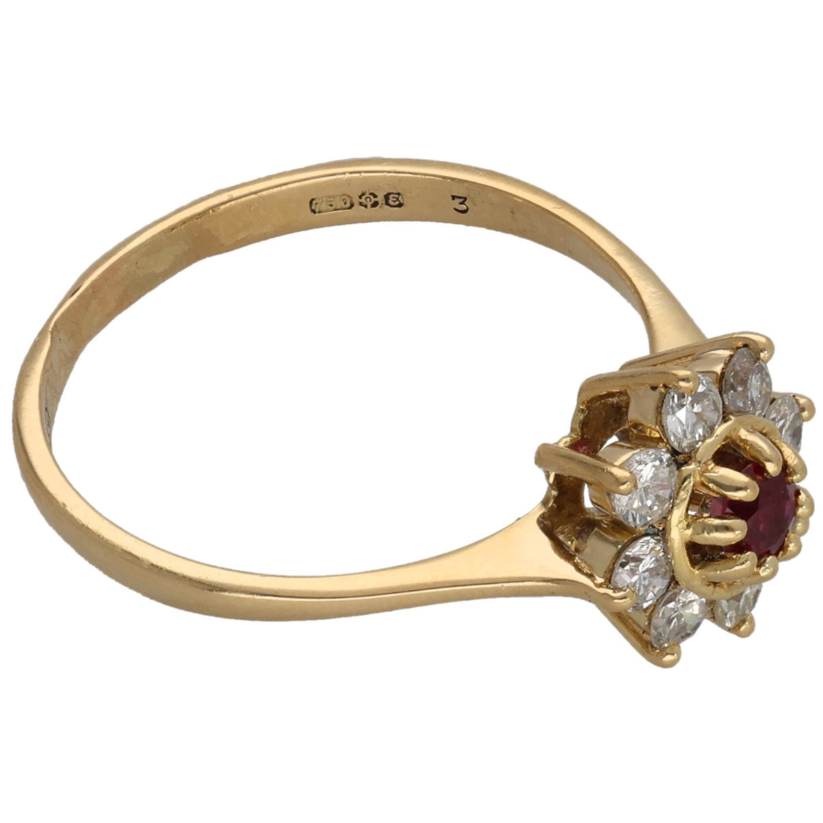Gold ring side view with round ruby cluster and round diamond accents in prongs