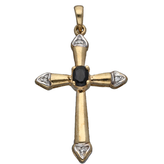 9ct Gold Sapphire & 0.02ct Diamond Cross Pendant