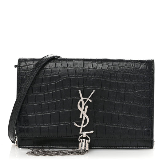 Yves Saint Laurent Small Kate Tassel Calfskin Crocodile Embossed Leather Bag - Black
