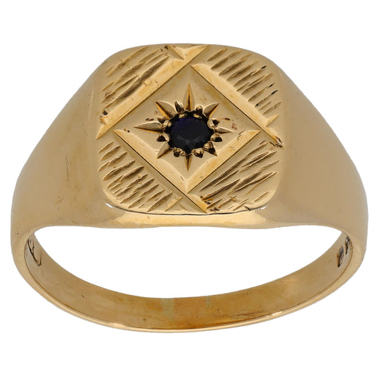 9ct gold signet ring with starburst dark sapphire on carved geometric panel