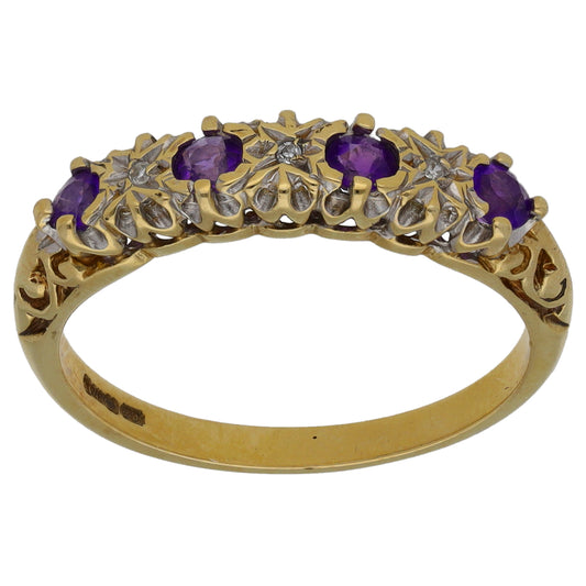 9ct Gold Amethyst & 0.015ct Diamond Half Eternity Ring Size N