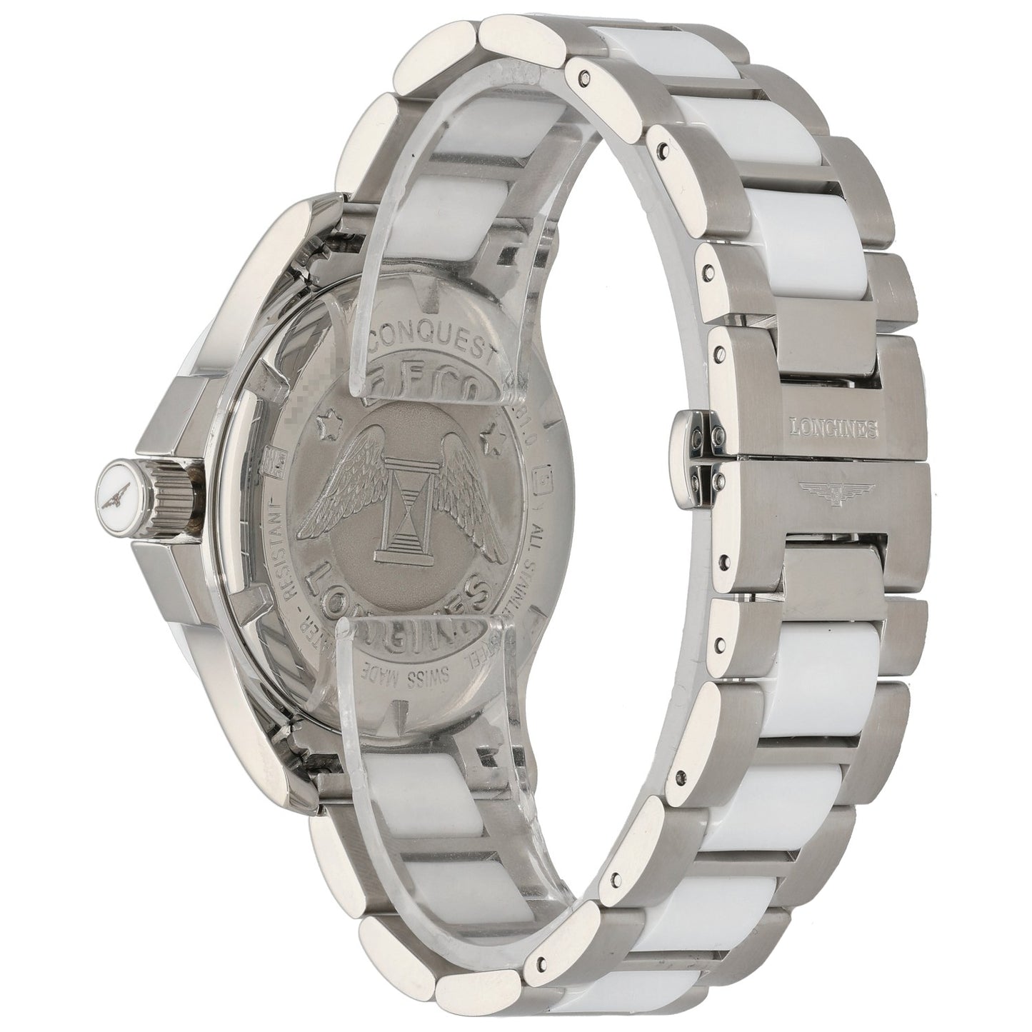 Longines Conquest Classic L3.281.0, Mother of Pearl dial, Stainless Steel & Ceramic, Rear Angle Image