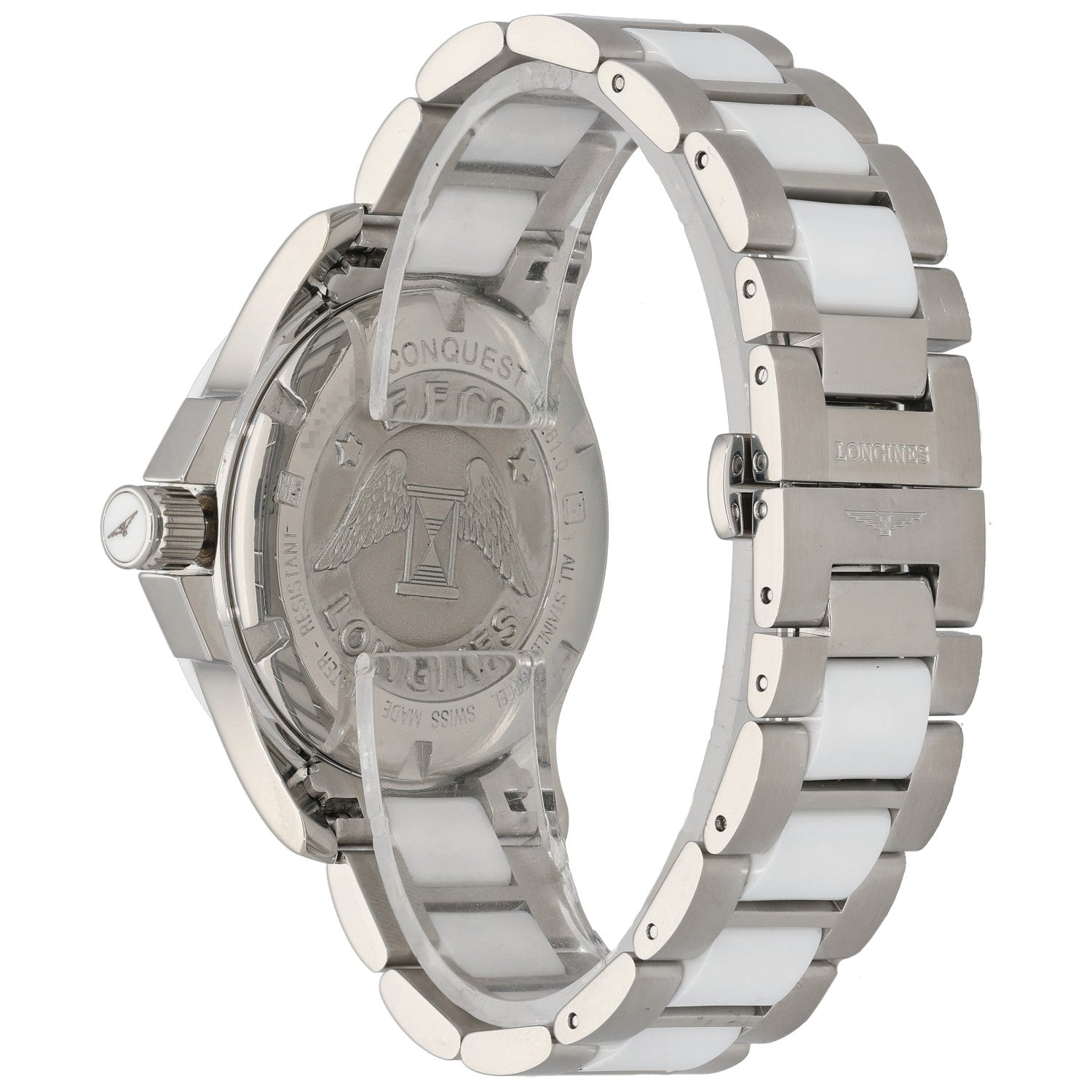 Longines Conquest Classic L3.281.0, Mother of Pearl dial, Stainless Steel & Ceramic, Rear Angle Image