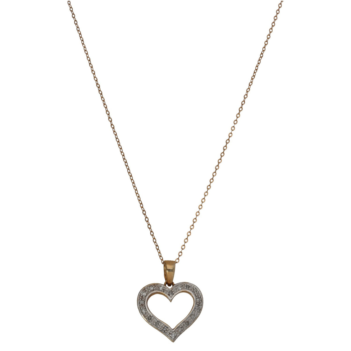 9ct bicolour gold heart pendant with diamond-studded border on chain