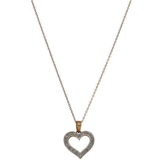 9ct bicolour gold heart pendant with diamond-studded border on chain