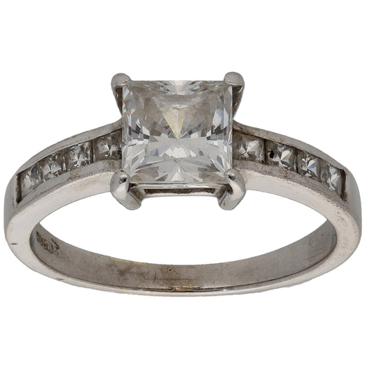 9ct White Gold Cubic Zirconia Single Stone Ring with Accent Stones Size L