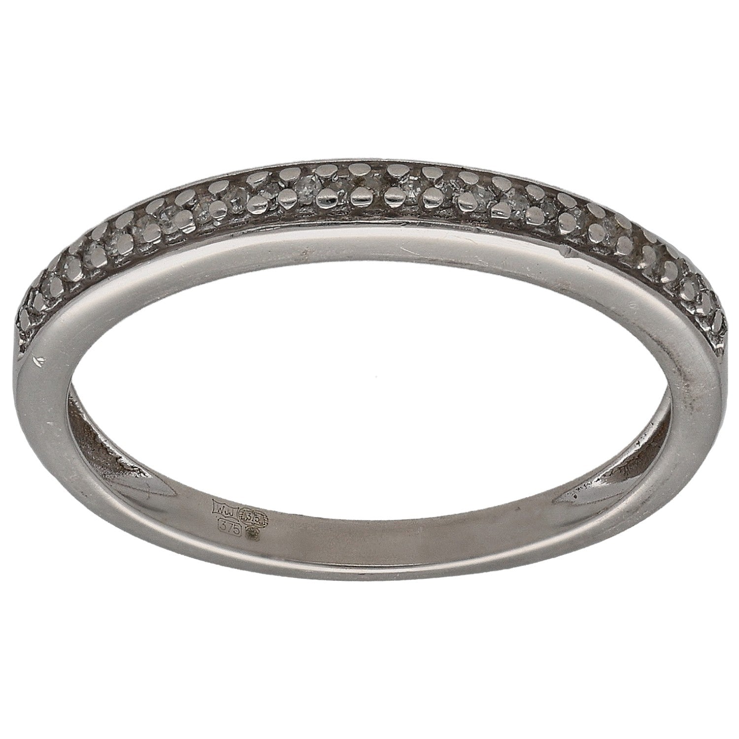 White gold half eternity ring with round diamonds, polished band, Size M.