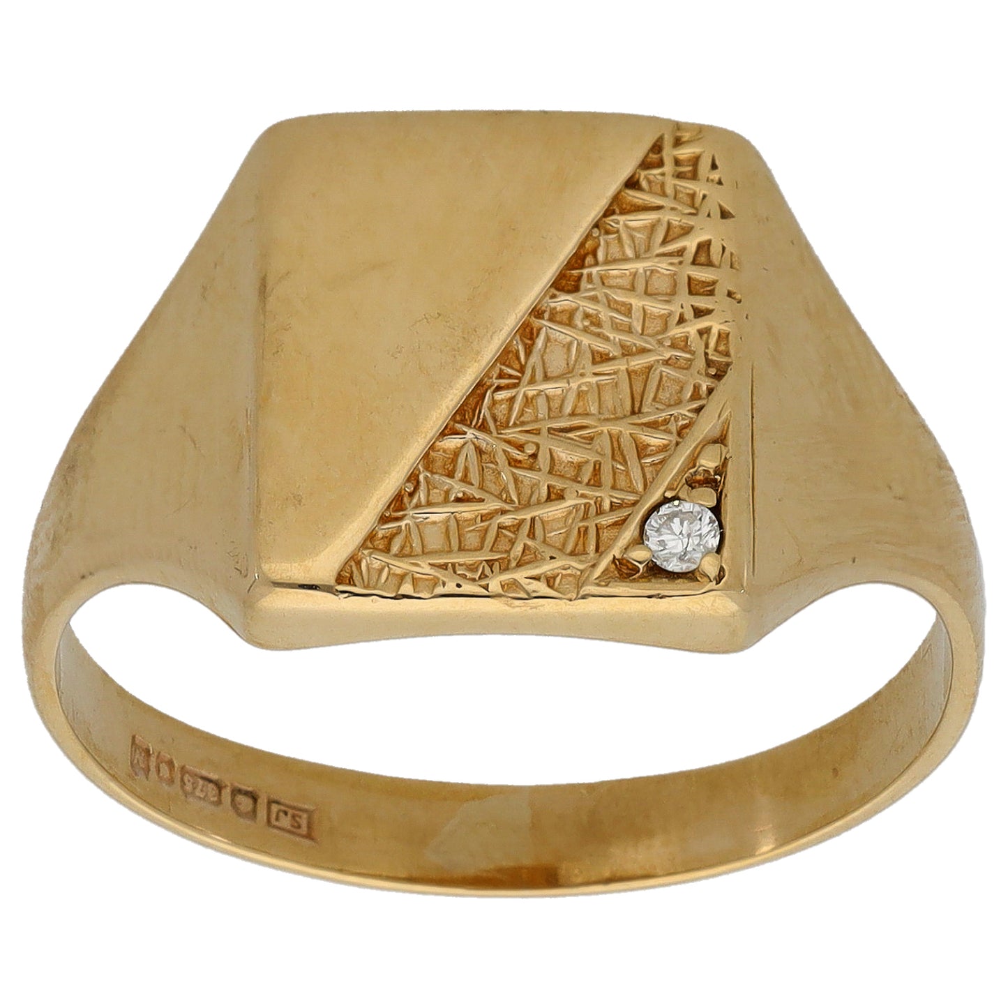9ct Gold 0.02ct Diamond Patterned Single Stone Signet Ring Size S