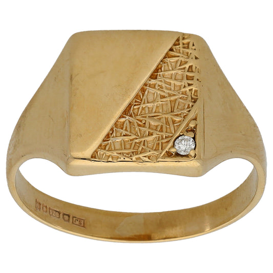 9ct Gold 0.02ct Diamond Patterned Single Stone Signet Ring Size S