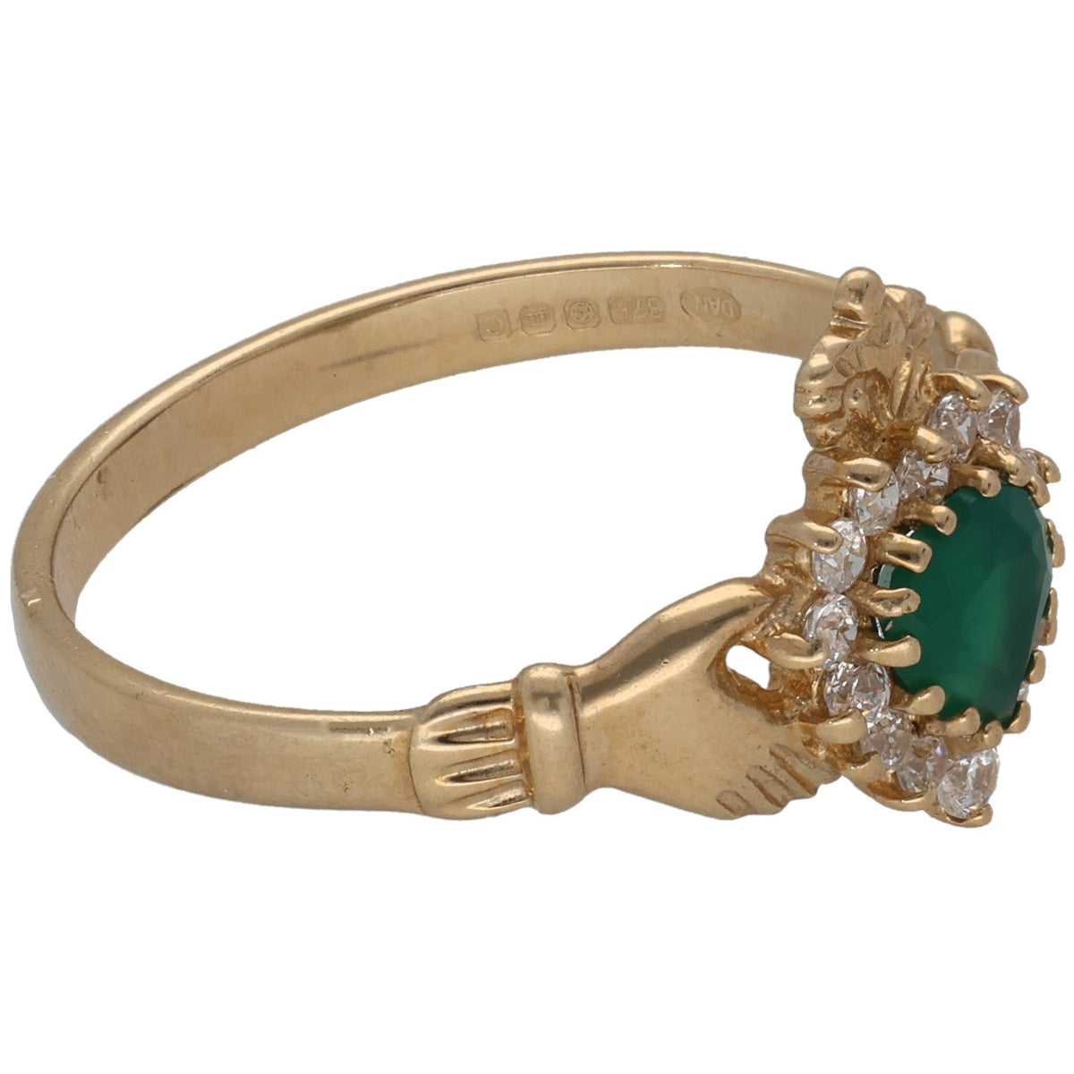 Side view of 9ct gold ring with green agate center and clear CZ cluster