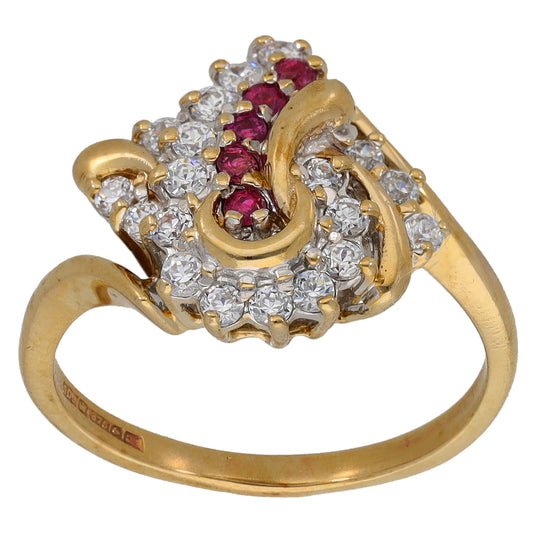 9ct gold dress ring with ruby red stones and clear CZ cluster, open swirl setting