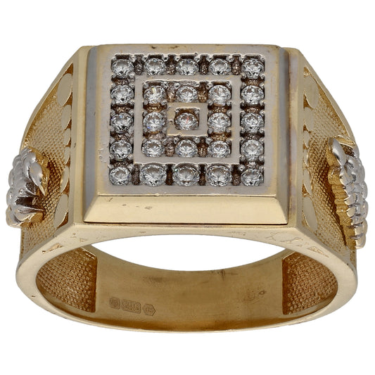 14ct Gold Cubic Zirconia Patterned Signet Ring Size U