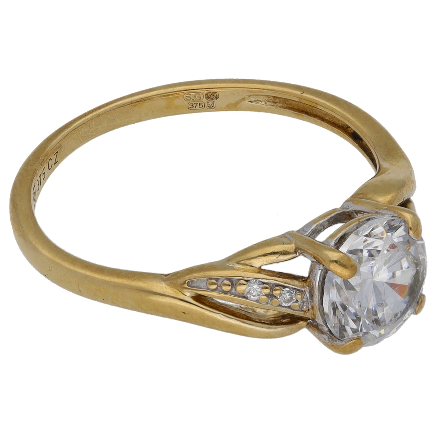 9ct Gold Cubic Zirconia Single Stone Ring with Accent Stones Size P