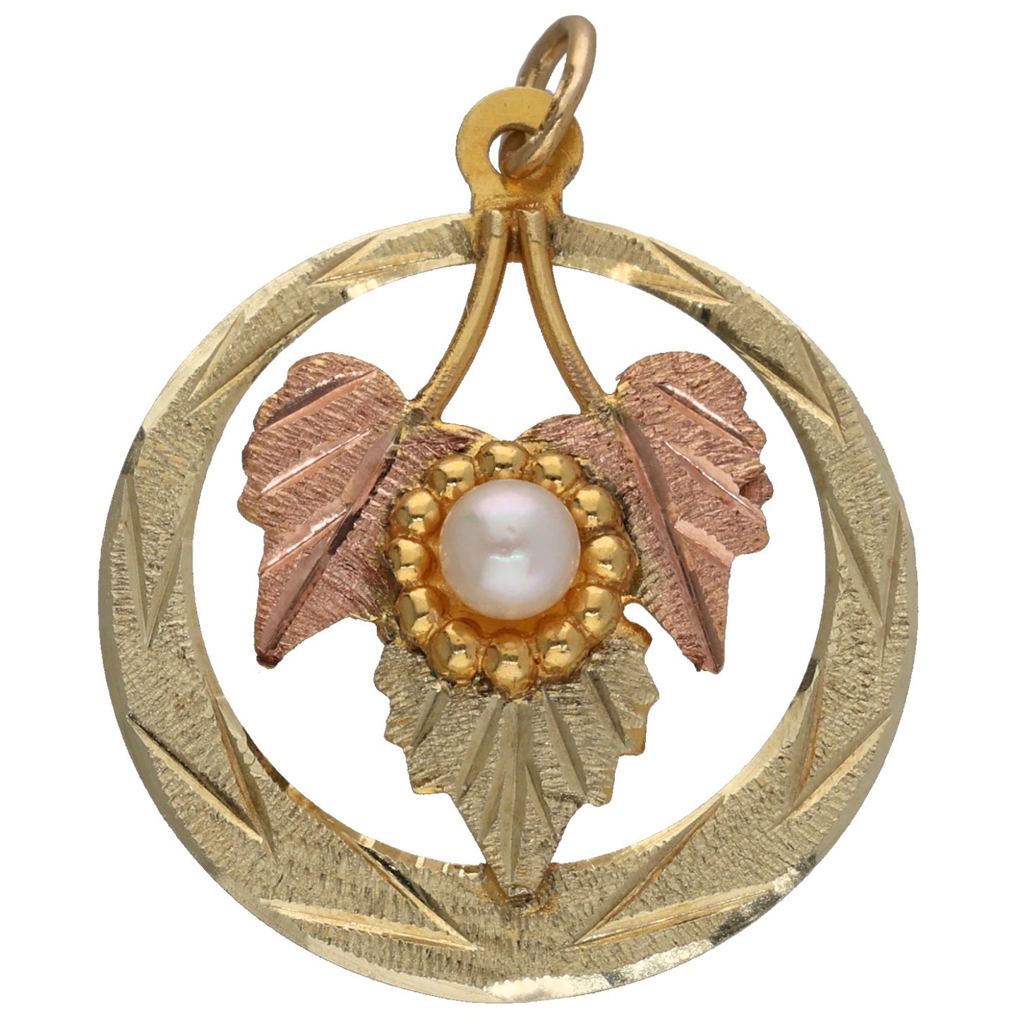 Bicolour gold pendant with cultured pearl, circular frame and leaf-like accents