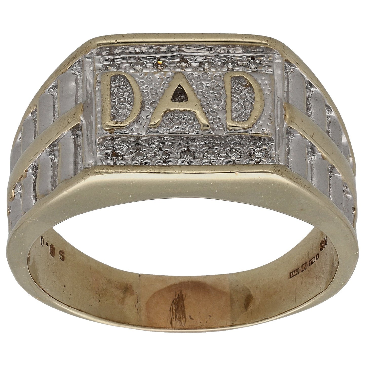 Gold dad ring with DAD lettering, small diamond detail, and textured two-tone face