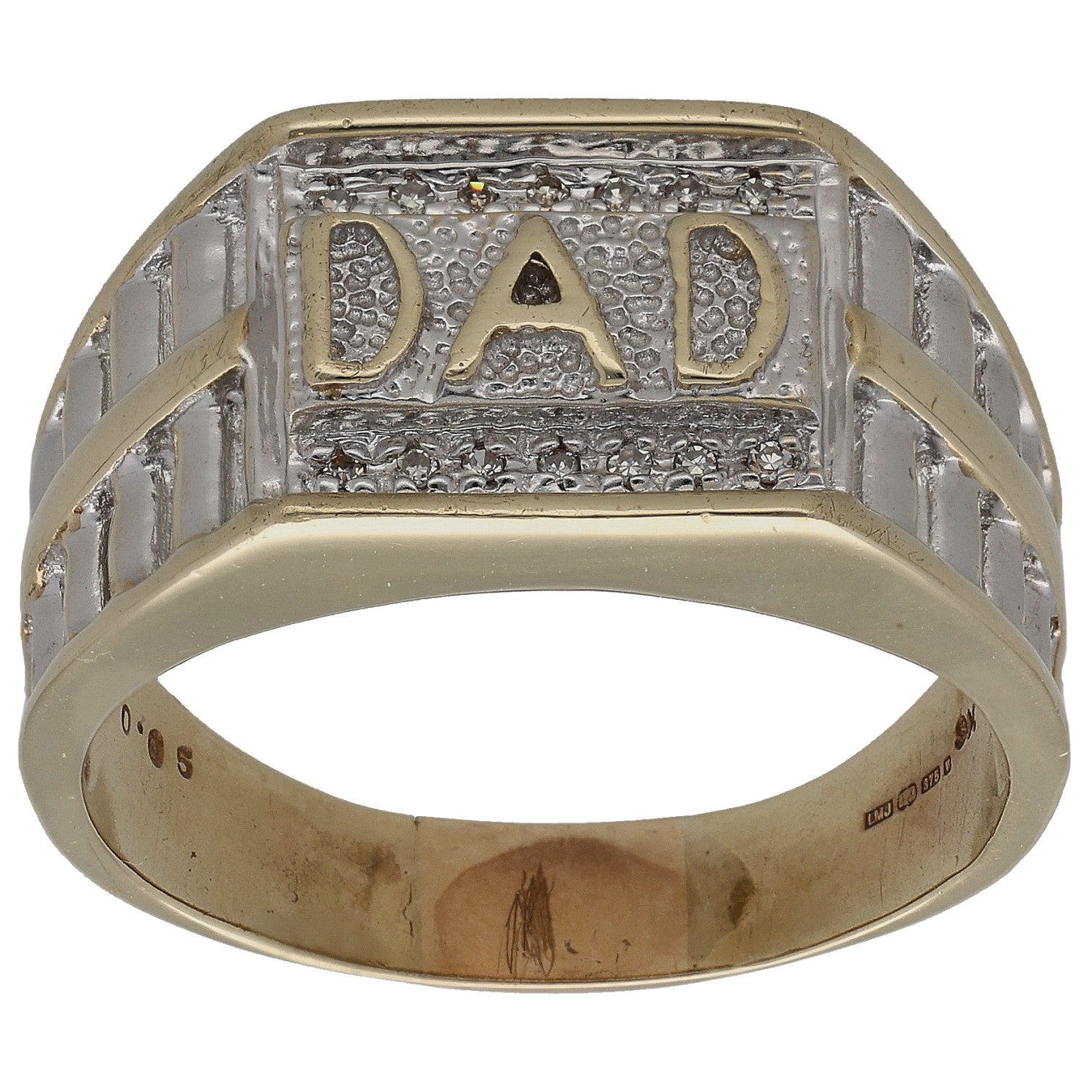 Gold dad ring with DAD lettering, small diamond detail, and textured two-tone face